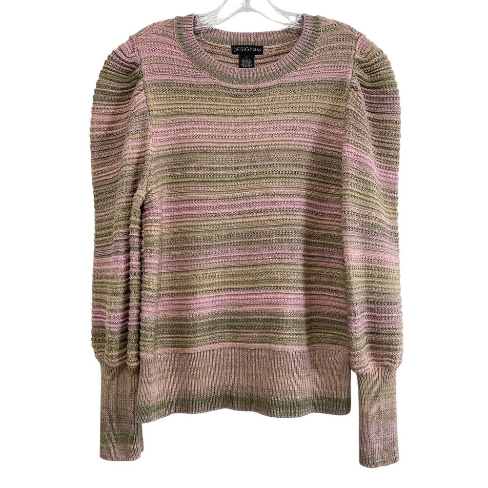 Pastel Statement Bubble Sleeve Striped Cable Chunky Knit Sweater Womens Size L